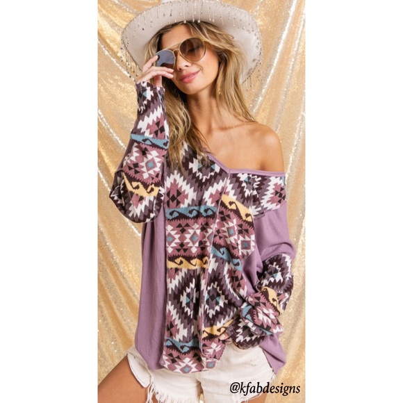 LAST 1! V Neck Mauve/Lilac Mix Aztec Print Soft Color Block Top - Picture 10 of 11
